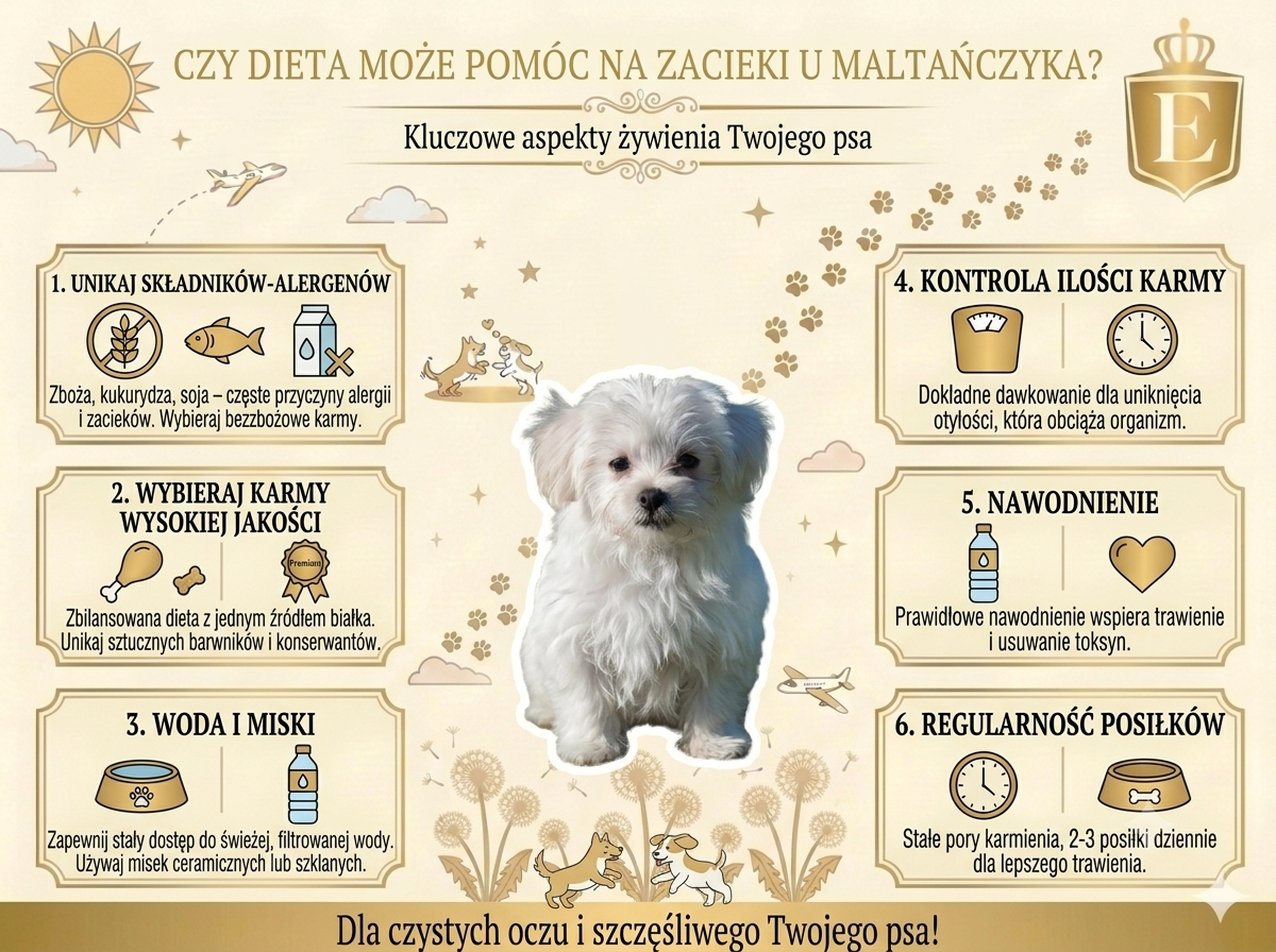 Infografika pokazująca, jak dieta może pomóc na zacieki u maltańczyka poprzez wybór odpowiedniej karmy, eliminację alergenów, nawodnienie i regularne żywienie psa.